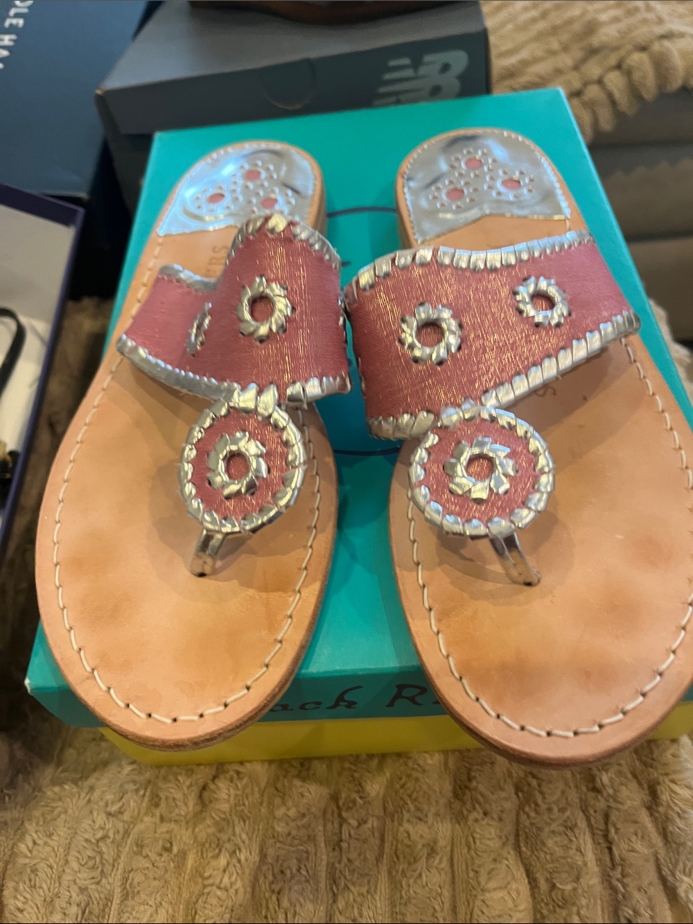 Jack Rogers Metallic Pink Leather Toe-Ring Sandals with Silver Trim